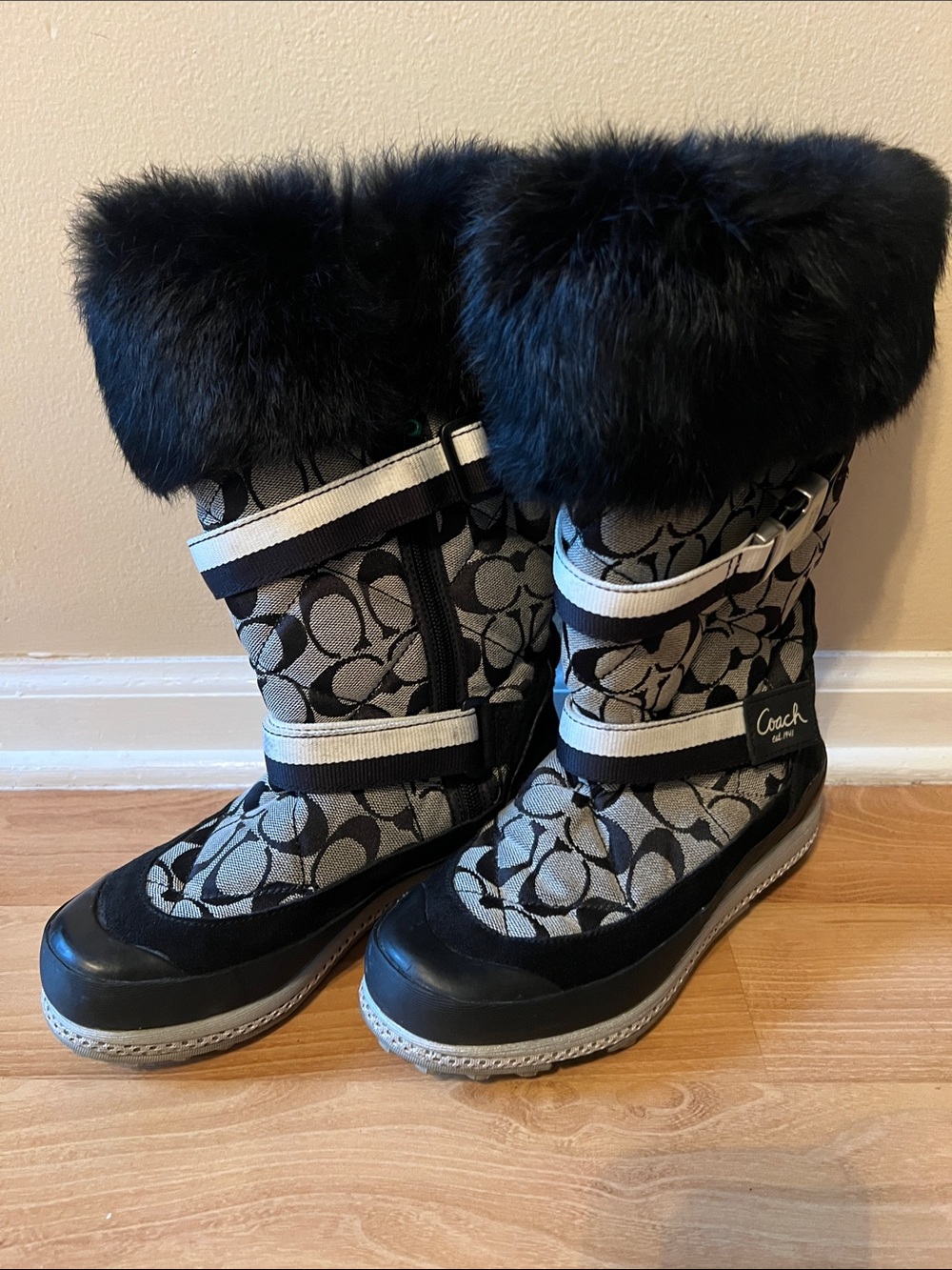 Coach Black & Gray Signature Fur-Trim Winter Boots